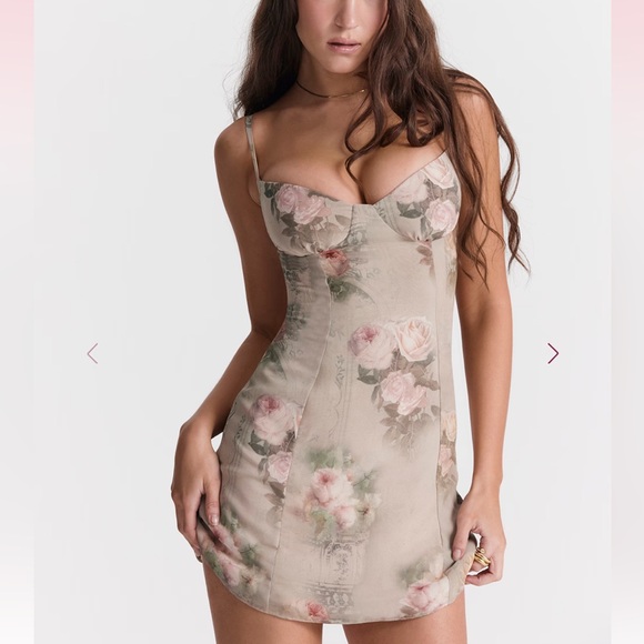 House of CB Dresses & Skirts - House of CB XS Christiana Beige Floral Mini Dress with Pink Rose Print